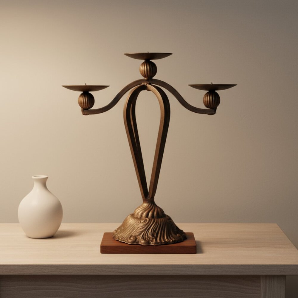 Bronze Iron 3-Arm Candelabra Antiqued Design Ornate Base Candleholder Medieval